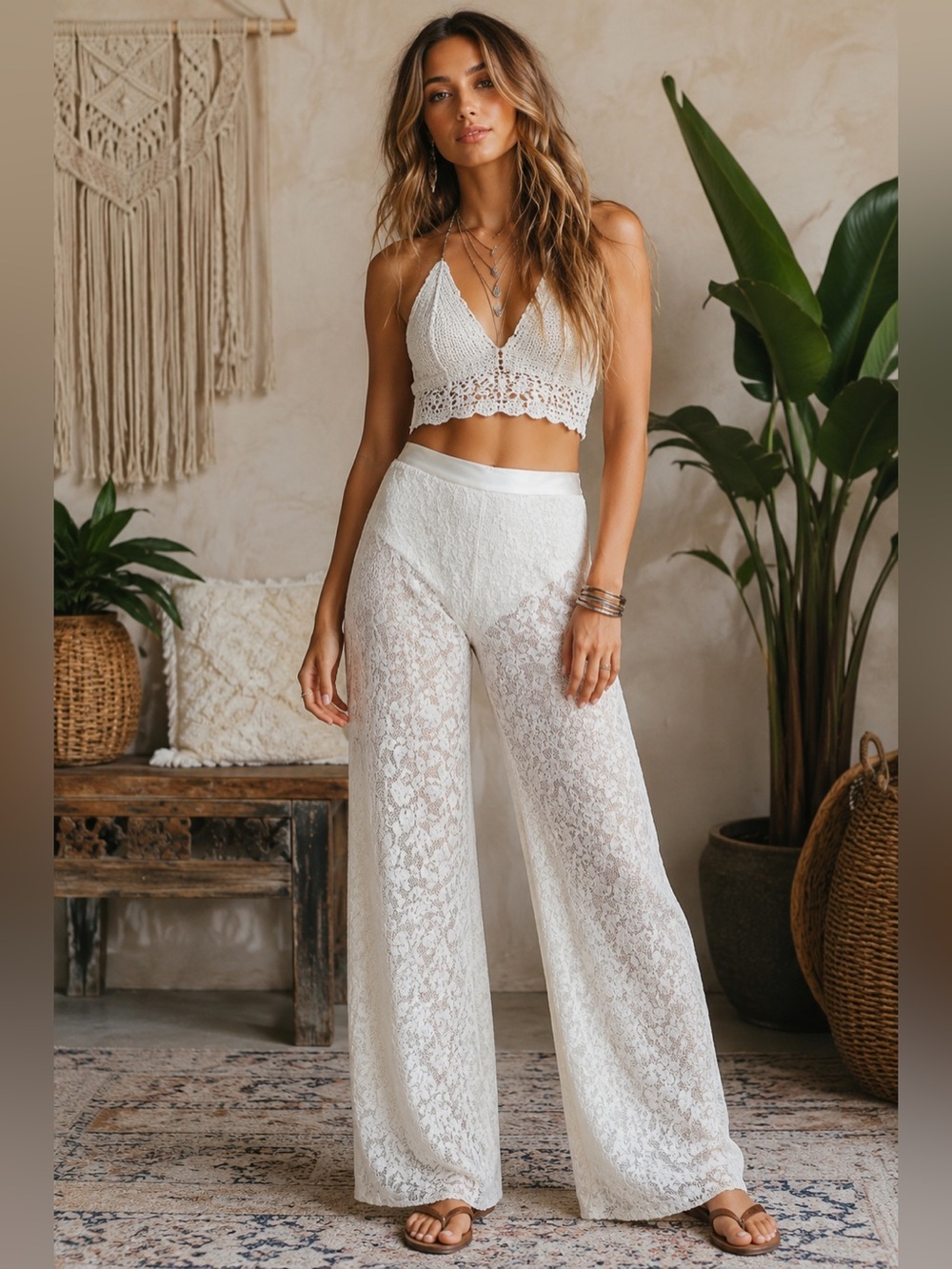 White Lace Straight Leg Pants size L